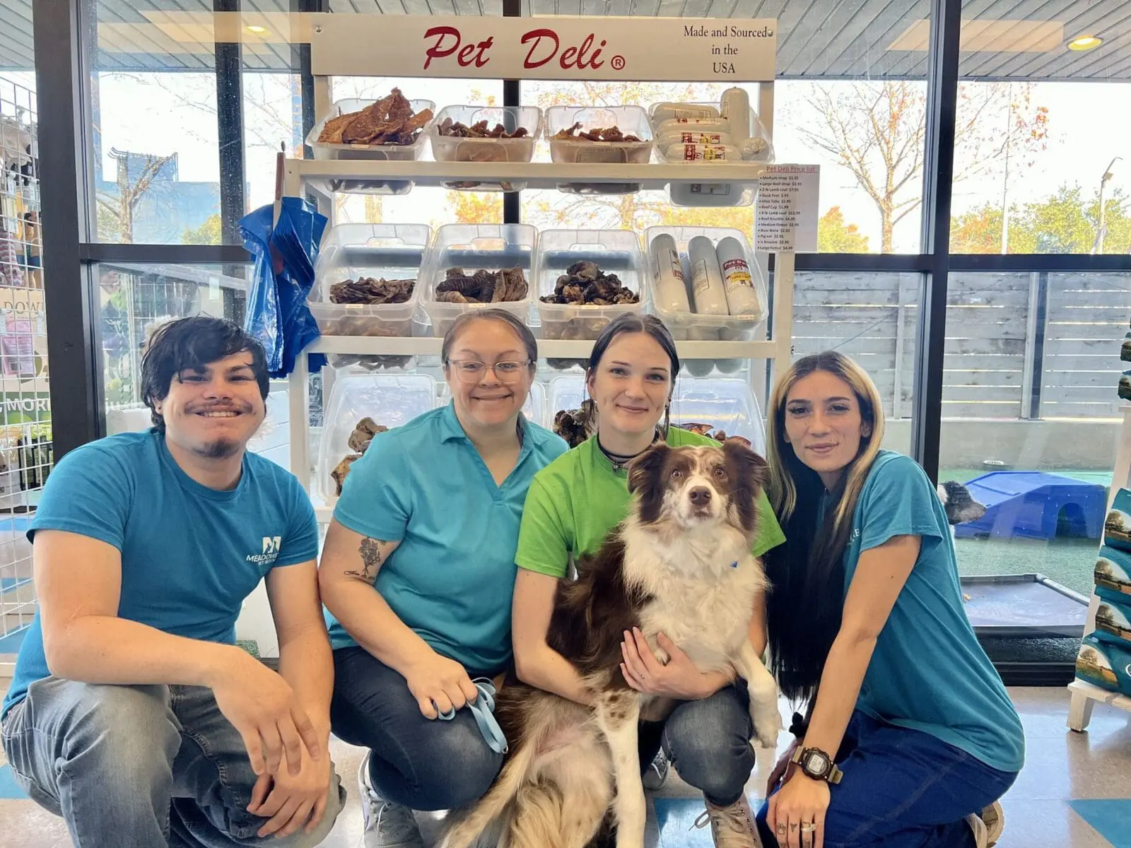4 meadowlake pet resort employees posing with a border collie